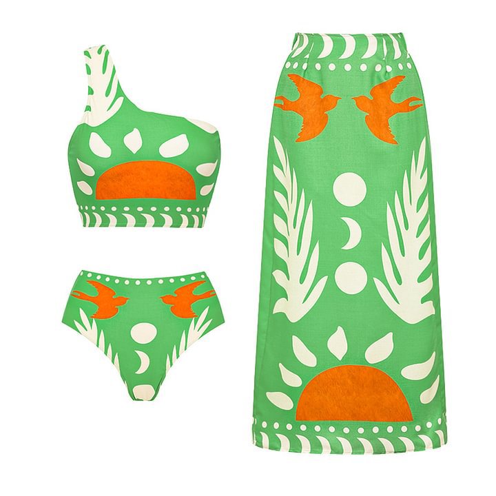 Shoulder Slimming Printed Swimsuit Women High Waist Bikini