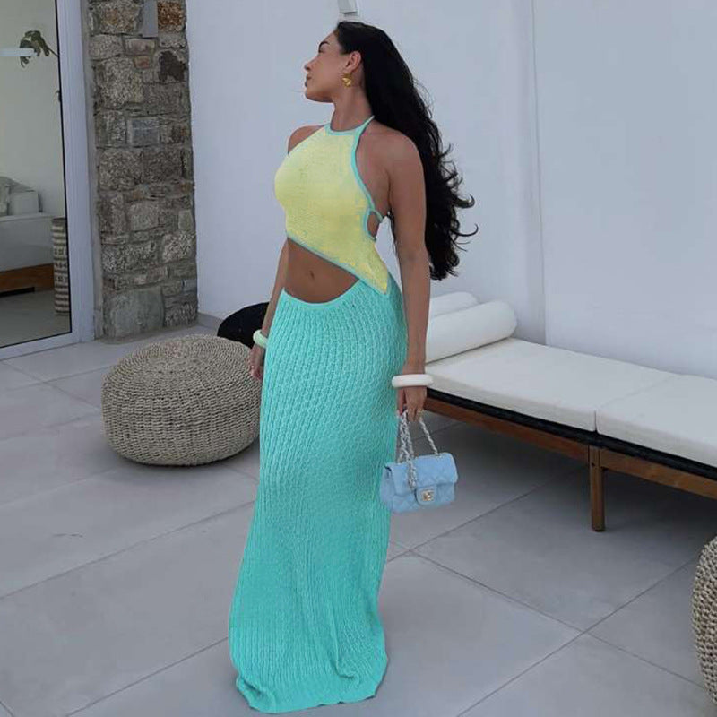 Summer Women Sexy Contrast Color Halter Small Sling Vest Knitted Hollow Out Cutout Skirt Two Piece Sets