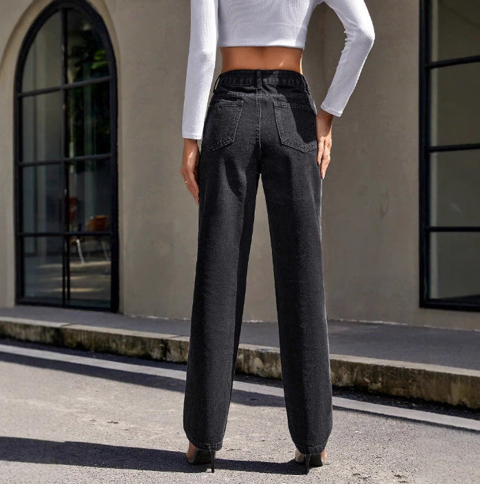 Women Clothing Autumn Winter High Waist Slimming Straight Denim Trousers