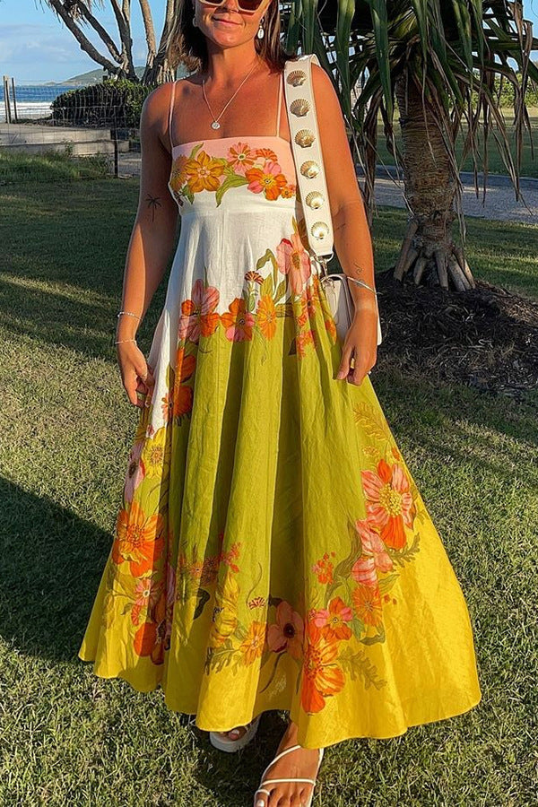 Sexy Sling Cotton Linen Printing Positioning Large Swing Dress Women