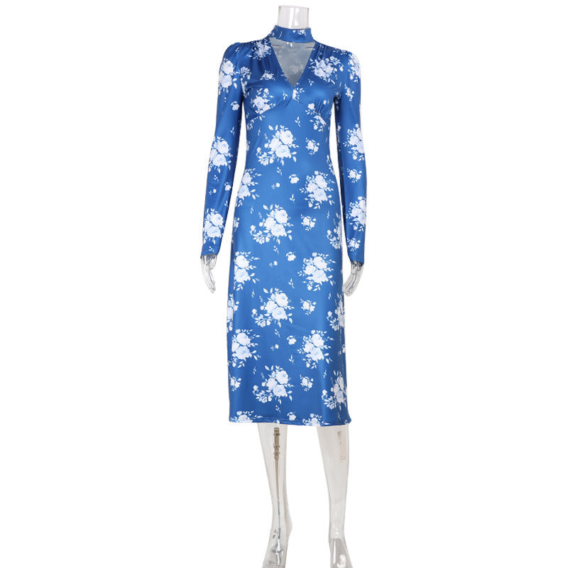 Floral Print Elegant V neck Summer Slim Fit Lightweight Thin Long Sleeve Dress Klein Blue Dress
