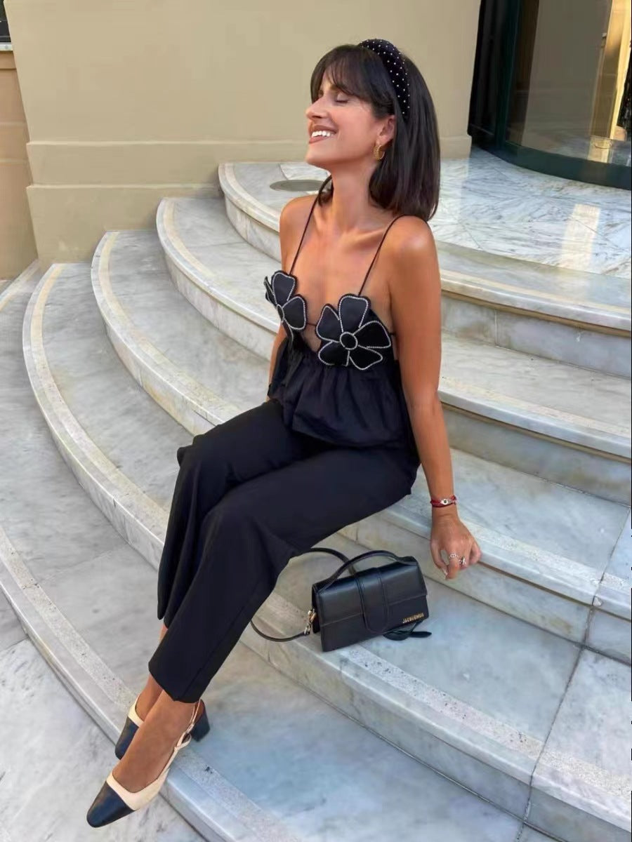 Autumn Winter Sexy Deep V Plunge neck Rhinestone Floral Camisole
