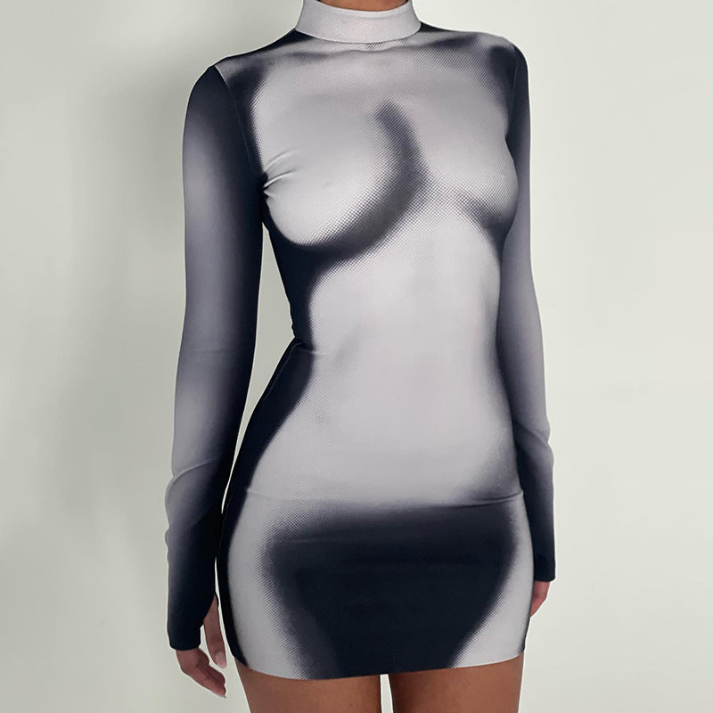 Women Clothing Spring Summer Street Half High Collar Long Sleeves Personalized Printing Dress