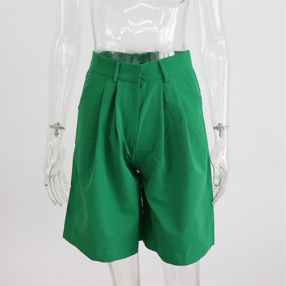 Summer Shorts Women Flanging Pocket Zipper Hidden Hook Solid Color Casual Pants Straight Blazer Shorts