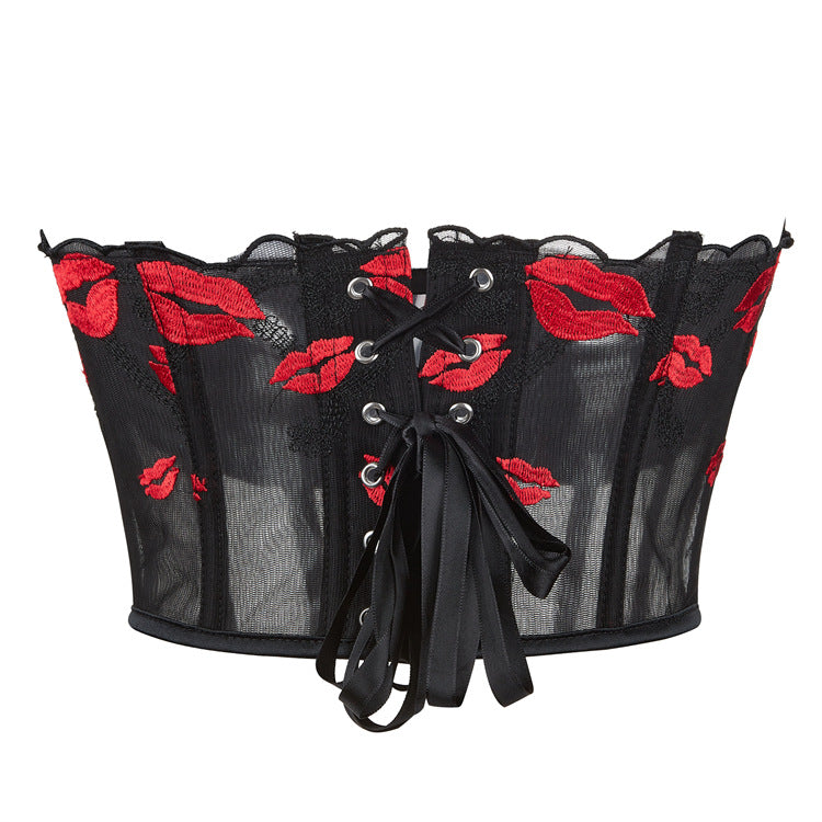 Mesh Red Lip Print Pattern Women Tube Top Breathable Court Top