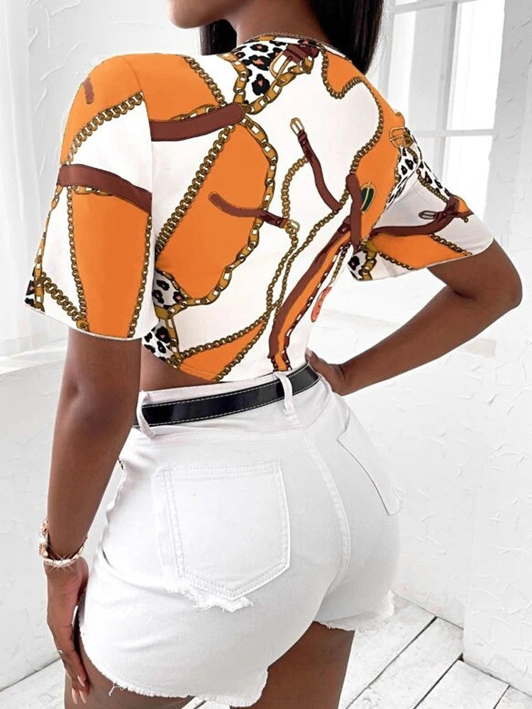 Women Clothing Shirt Bow Lace-up Sexy Shirt Summer Short Sleeve Printed Top