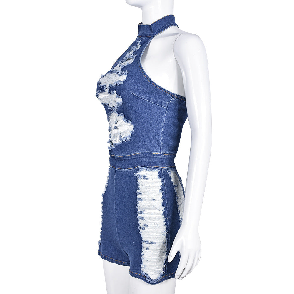 Women Clothing Spring Denim Halter Tassel Beggar Dress Sexy Jumpsuit