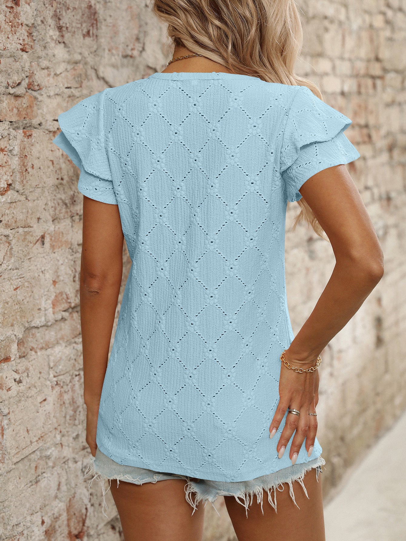 Women Clothing Spring Summer Solid Color V neck Sweet Short Sleeved T shirt Hollow Out Cutout Top