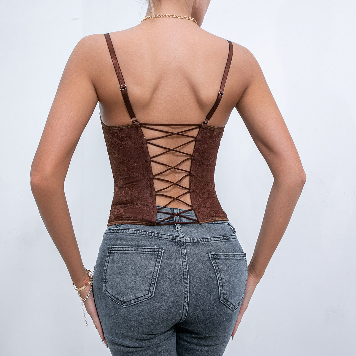 Women Clothing Sexy Solid Color Lace Sling Boning Corset Steel Ring Wrapped Chest Breasted Backless Vest