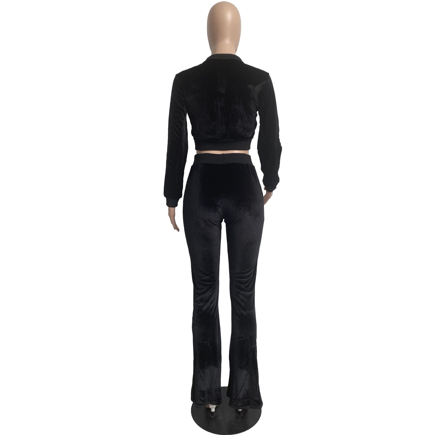 Women Clothing Two-Piece Korean Velvet Solid Color Long Sleeve Sexy cropped Casual Sports Suit