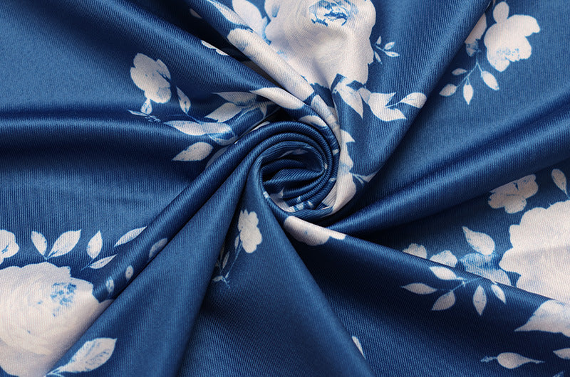 Floral Print Elegant V neck Summer Slim Fit Lightweight Thin Long Sleeve Dress Klein Blue Dress