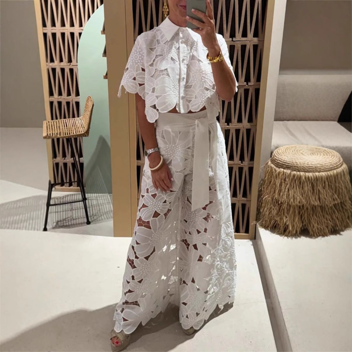 Summer Solid Color Sexy Cutout Cardigan Top Wide Leg Pants Two Piece Set Women