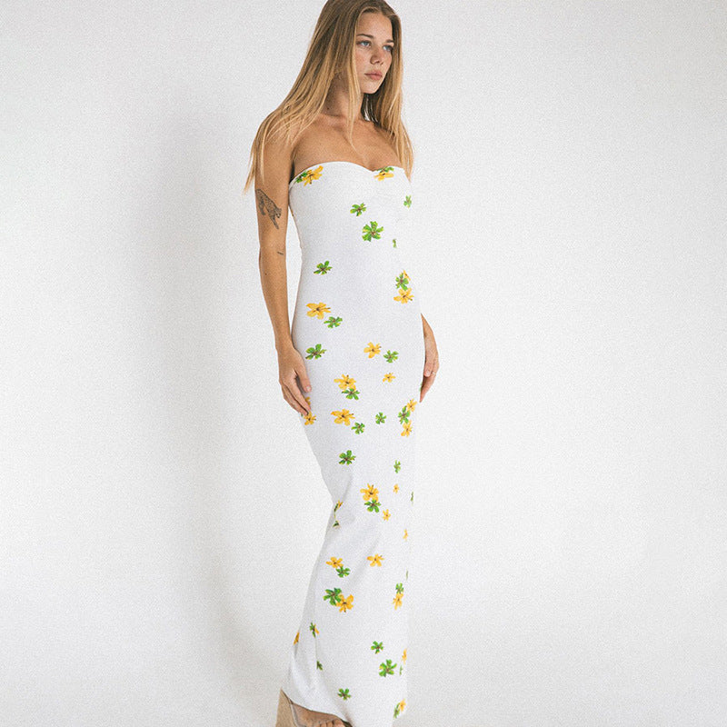 Plant Floral Print Tube Top Slit Maxi Dress Women Clothing Spring Summer