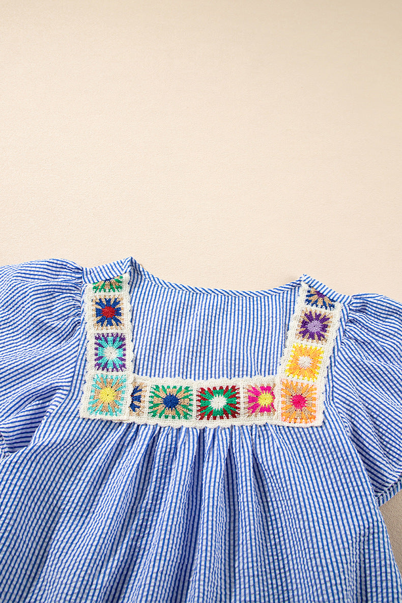Summer Floral Stitching Square Collar Pullover Women Striped Short Sleeve T shirt Women
