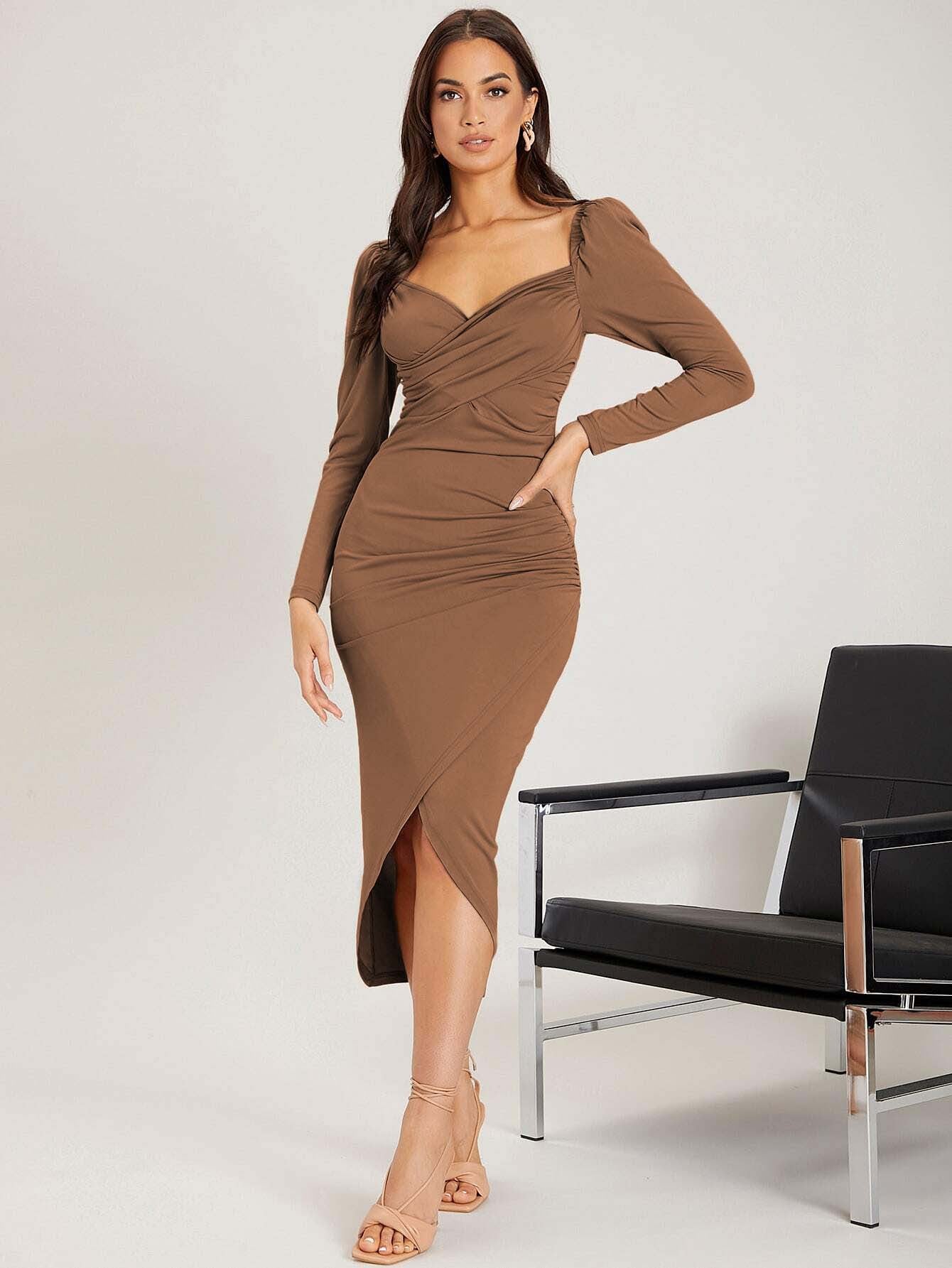 Women Clothing Elegant Socialite V neck Dress Autumn Winter High Sense Midi Dress