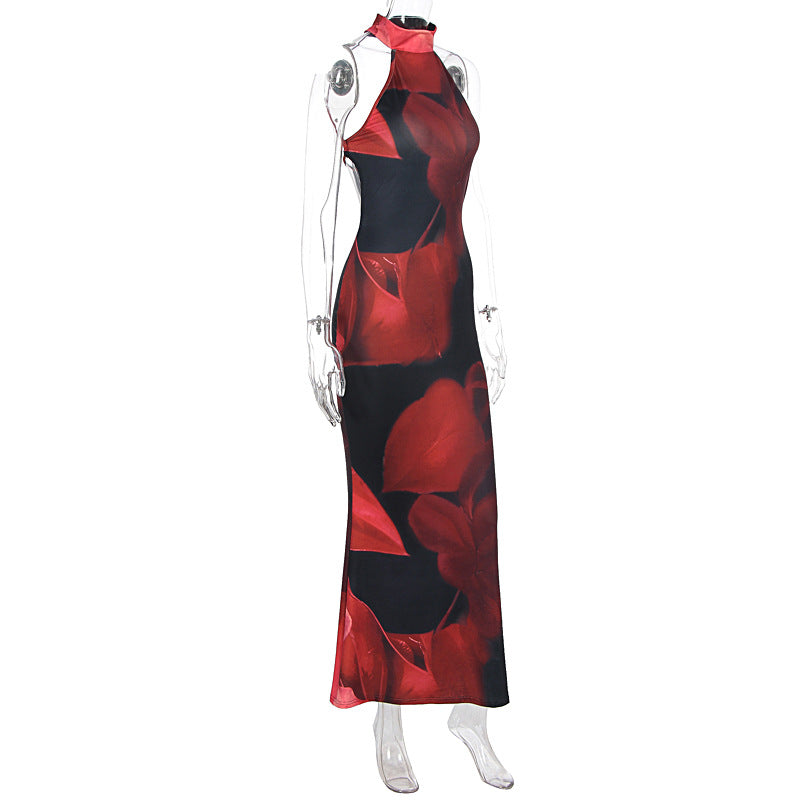 Summer Women Clothing Sexy Print Backless Slim Fit Tight Waist Hip Bag Dress