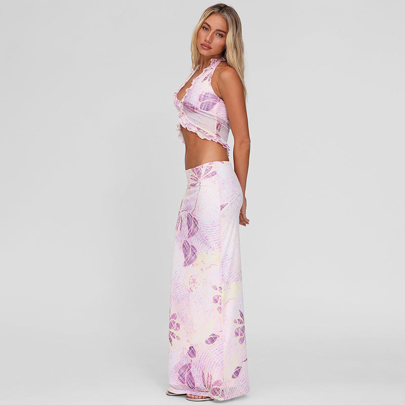 Printed Mesh Halterneck Vest Slim Sheath Skirt Two Piece Sets Women