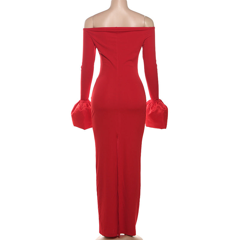Autumn Winter Women Clothing Sexy off Neck Long Sleeve Puffed Sleeves Split Dress