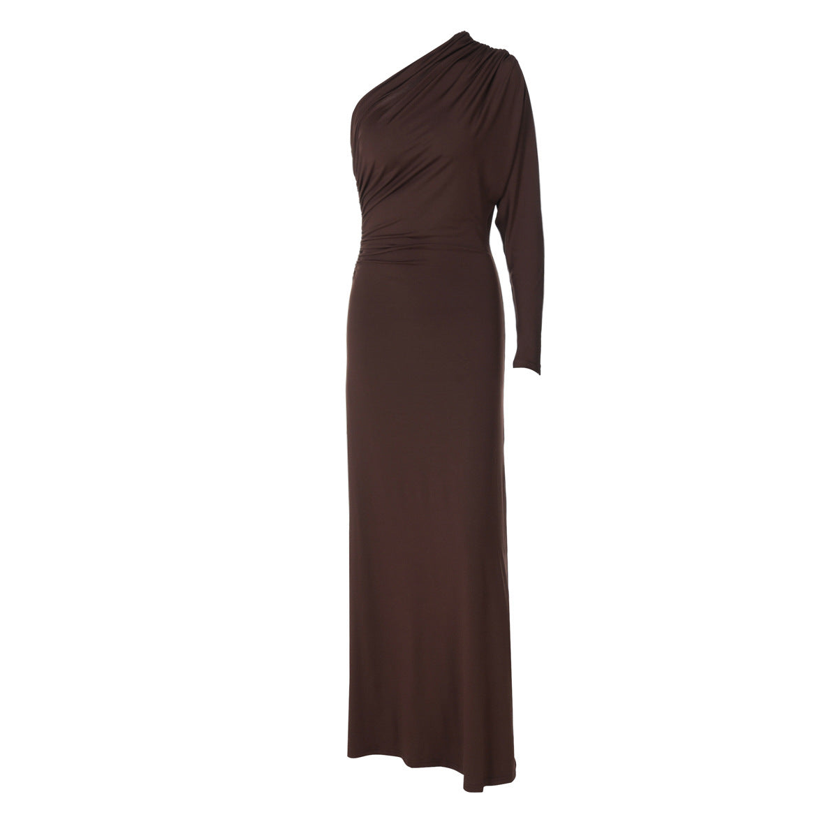 Women Clothing Autumn Fashionable Irregular Asymmetric off Shoulder Single Sleeve Pleated Maxi Dress