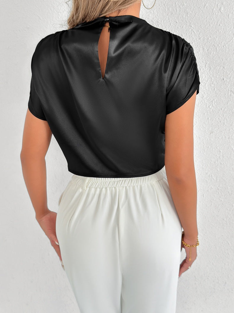 Real Shot Women Clothing High Sense Summer Satin Shirt Satin Shirt Short Sleeve Shirt
