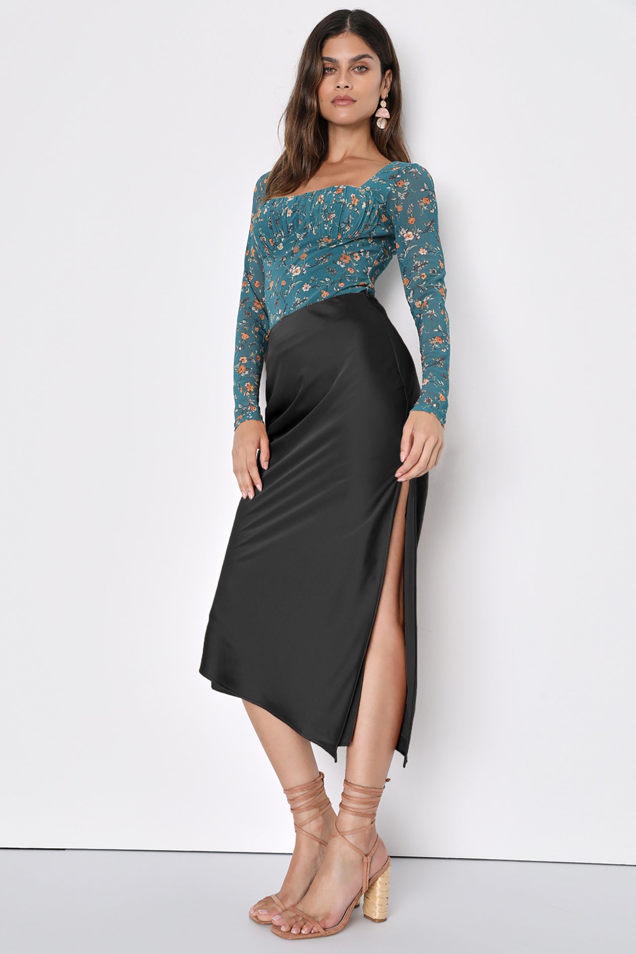 Women Clothing Satin Skirt Asymmetric High Waist Elastic Long Skirt Elegant Slit Skirt