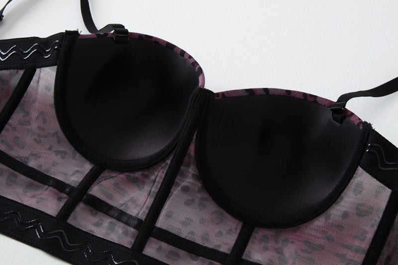 Sexy Leopard Print Stitching Bra Shoulder Straps High Grade Inner Mesh Lace See through Outer Wear Boning Corset Bra