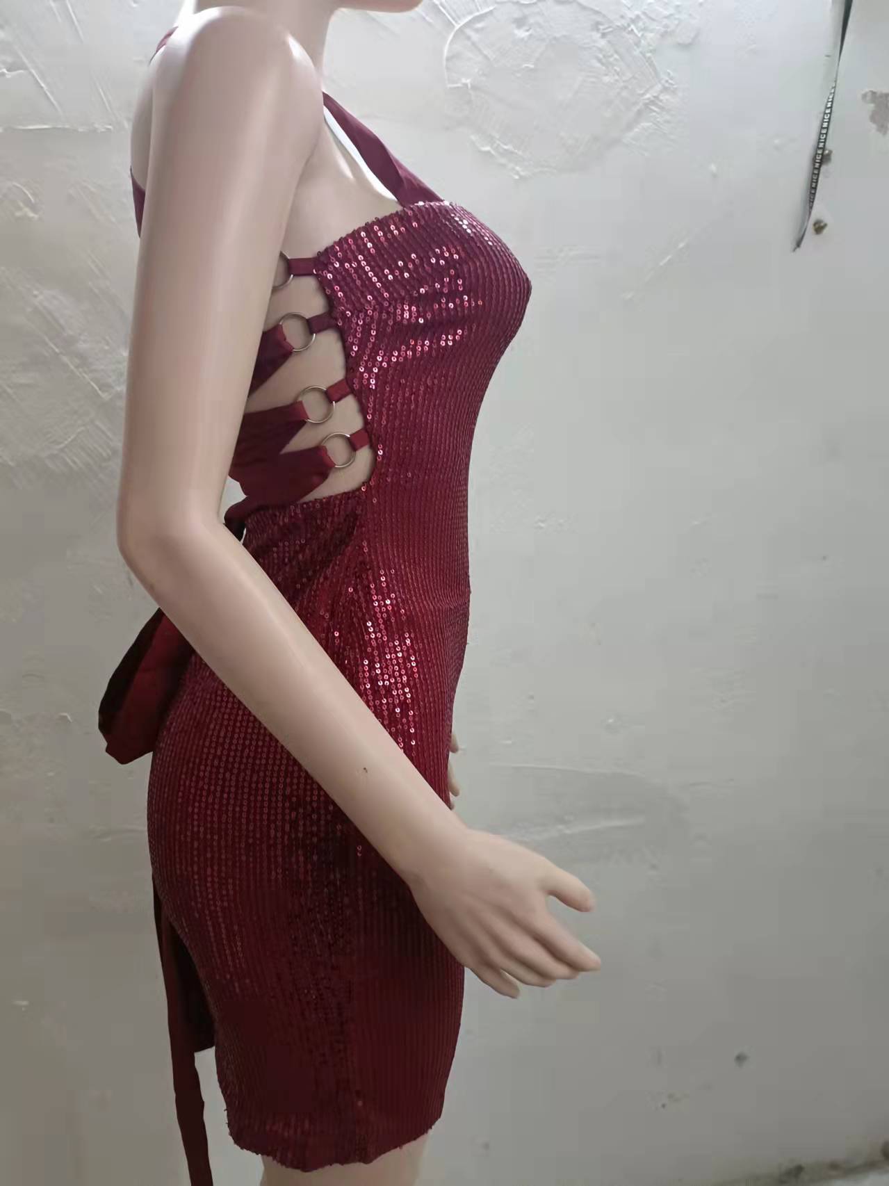Women Clothing Autumn Winter Sequined Tight Strapless Sling Sexy Backless Lace Up Dress