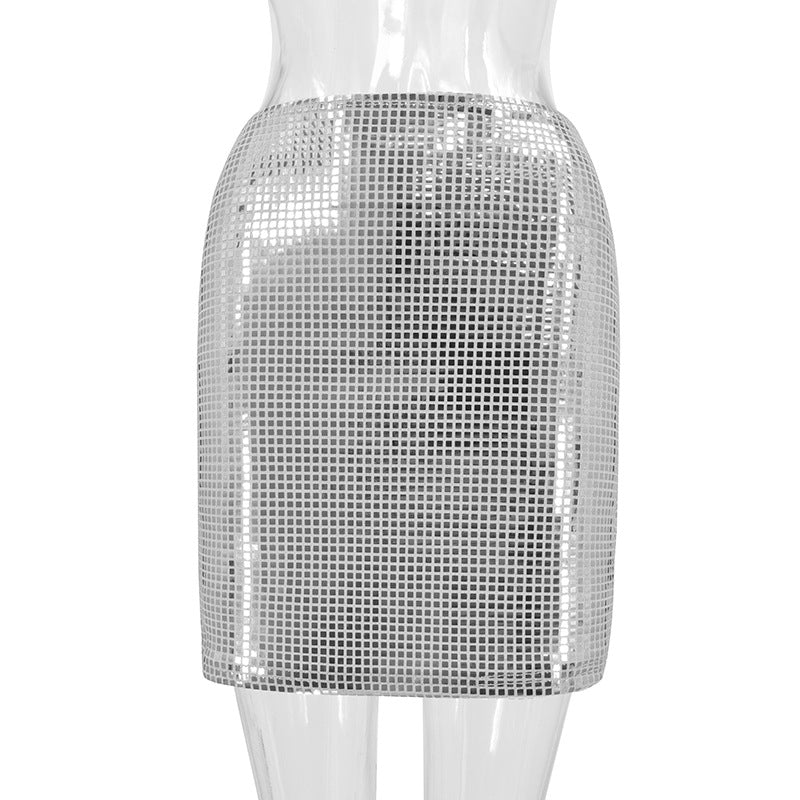 Spring Sexy Women Wear Solid Color Slim Mesh Sequined Hip Bag Skirt Women