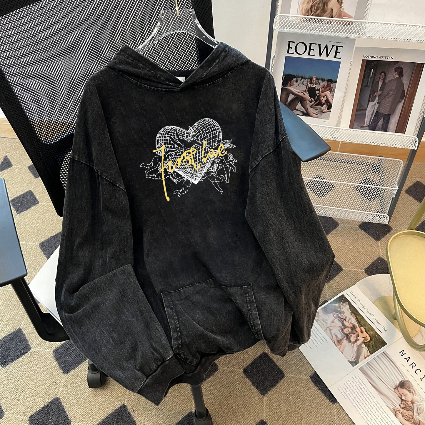 Youth Street Trendy Printed Washed Worn Loose Hooded Sweatshirt Casual Washed Thin Sweatshirt