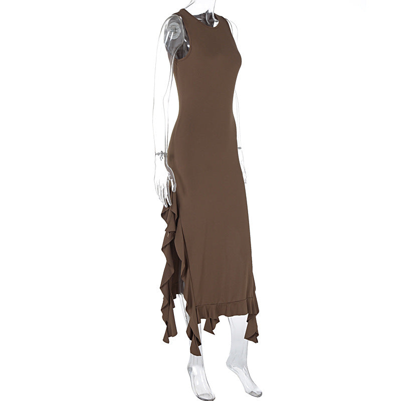 Summer round Neck Flounce Slim Fit Slit Dress Girls