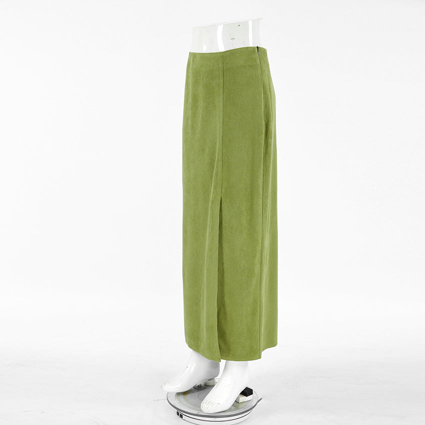 Retro Green Suede Split Straight High Waist Skirt Autumn Brushed Velvet Slim Fit Skirt