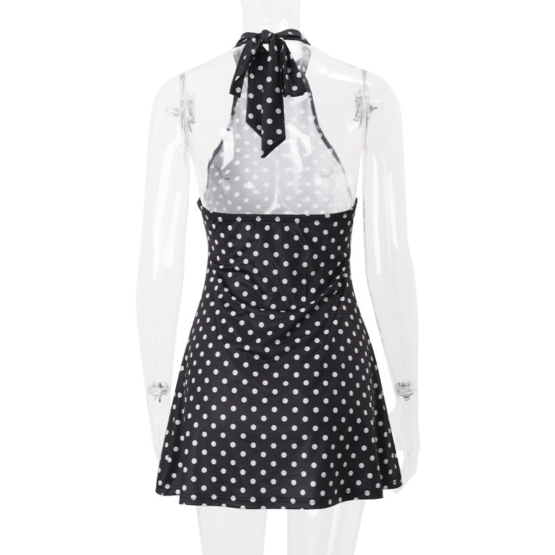 Women Clothing Summer Polka Dot Printed Sexy Backless Waist Trimming Dress