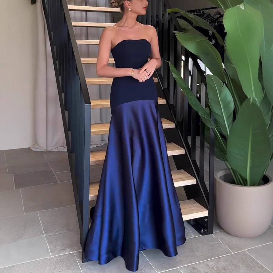 Summer Sexy Tube Top Satin Sleeveless Stitching Solid Color Dress