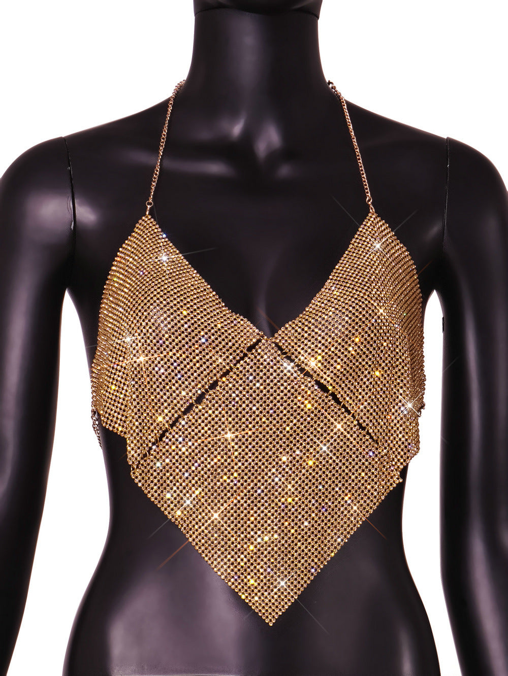 Women Clothing Nightclub Sexy Low Cut Backless Halter Rhinestone Stitching Triangle Vest Women