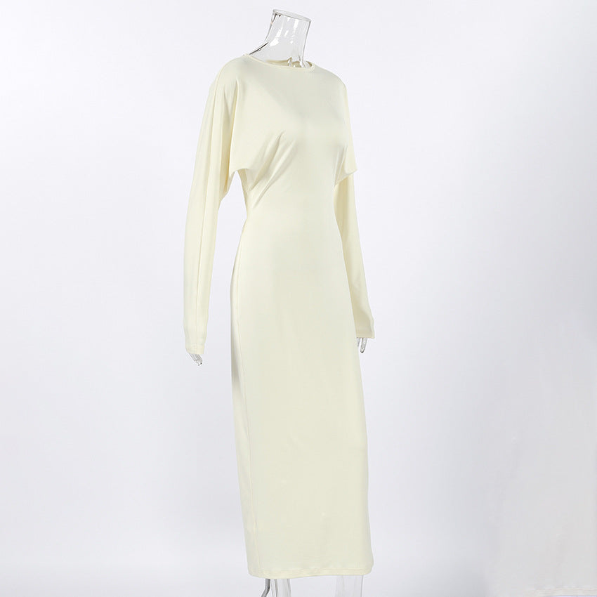 Design Backless Hollow Out Cutout out Dress Autumn Crew Neck Long Sleeve Gentle Simple Hip Dress