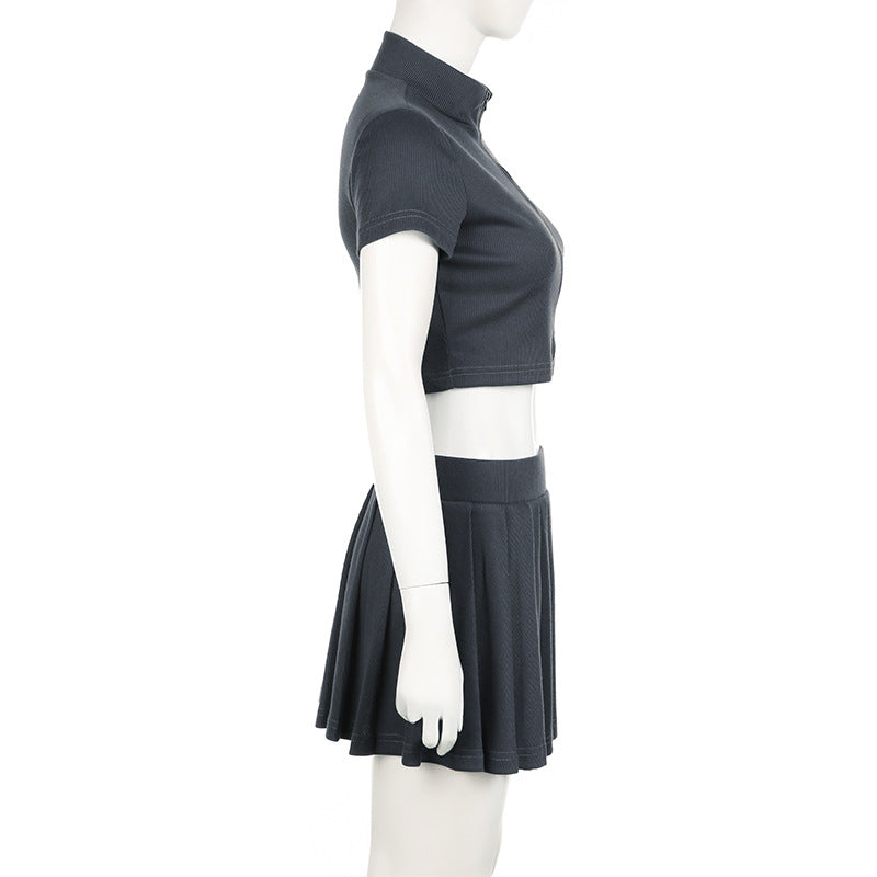 Casual Women Rib Knitted Solid Color Zipper Top Short Sleeve Pleated Skirt Set Short Skirt Two Piece Sets
