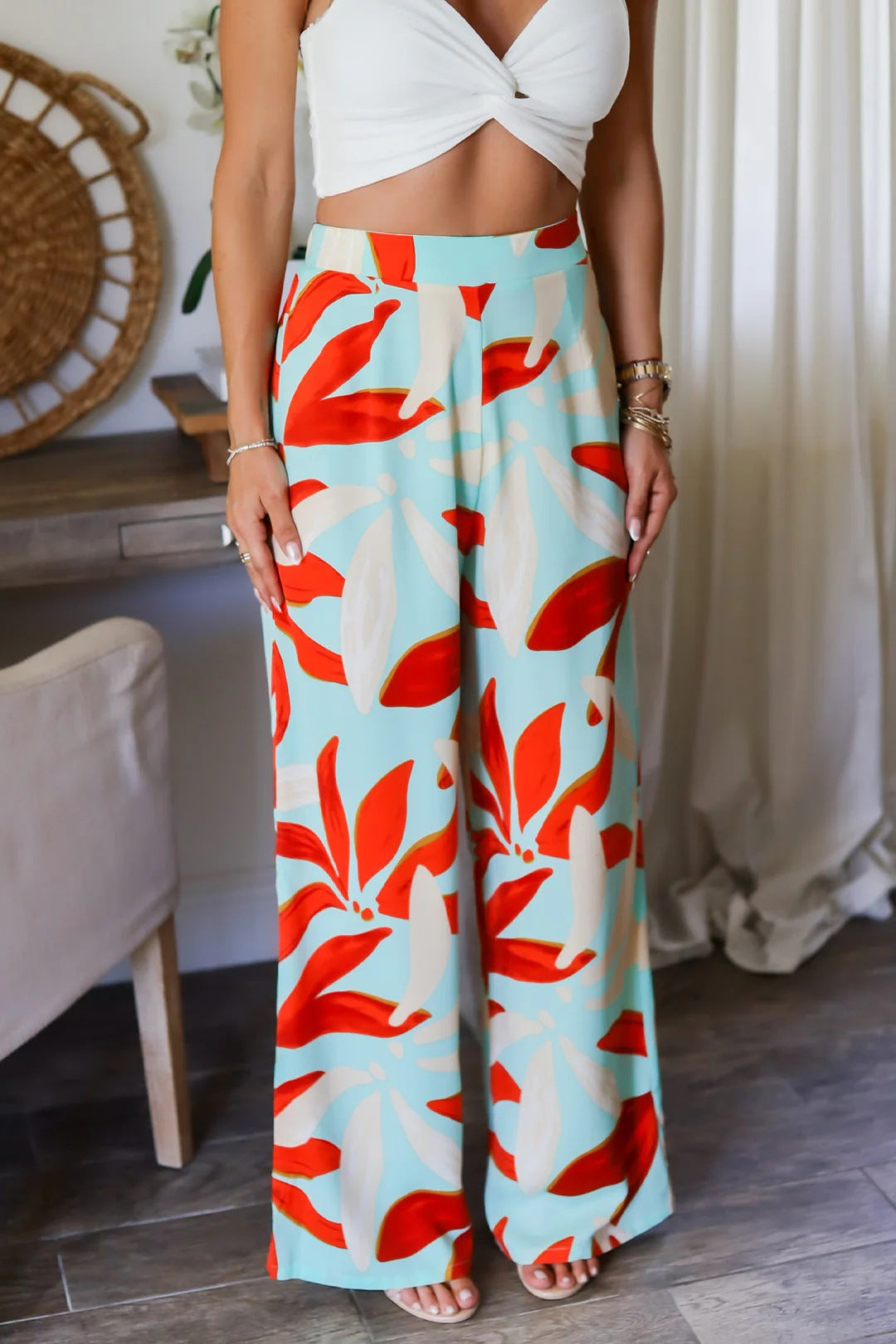 Summer Leaf Printing Wide Leg Casual Pants Ladies High Waist Straight Leg Pants