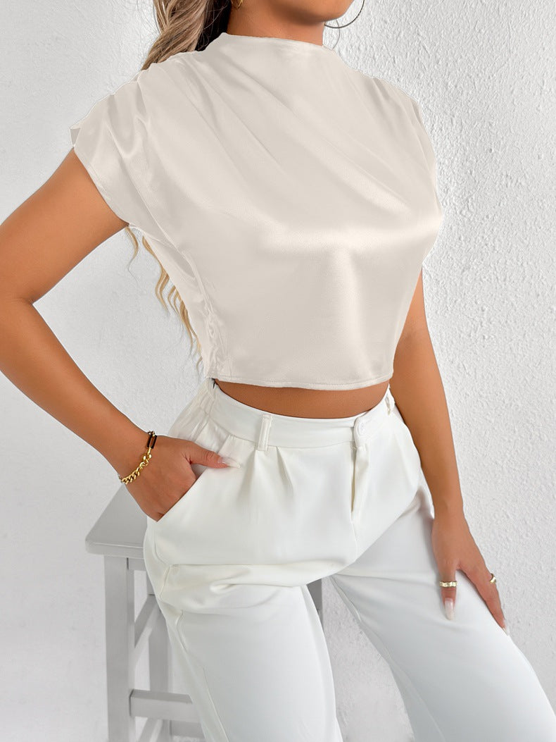 Real Shot Women Clothing High Sense Summer Satin Shirt Satin Shirt Short Sleeve Shirt