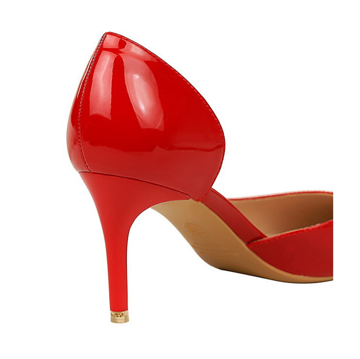 Simple Stiletto Heel Shiny Patent Leather Shallow Mouth Pointed Side Hollow Out Cutout High Heels Women Shoes
