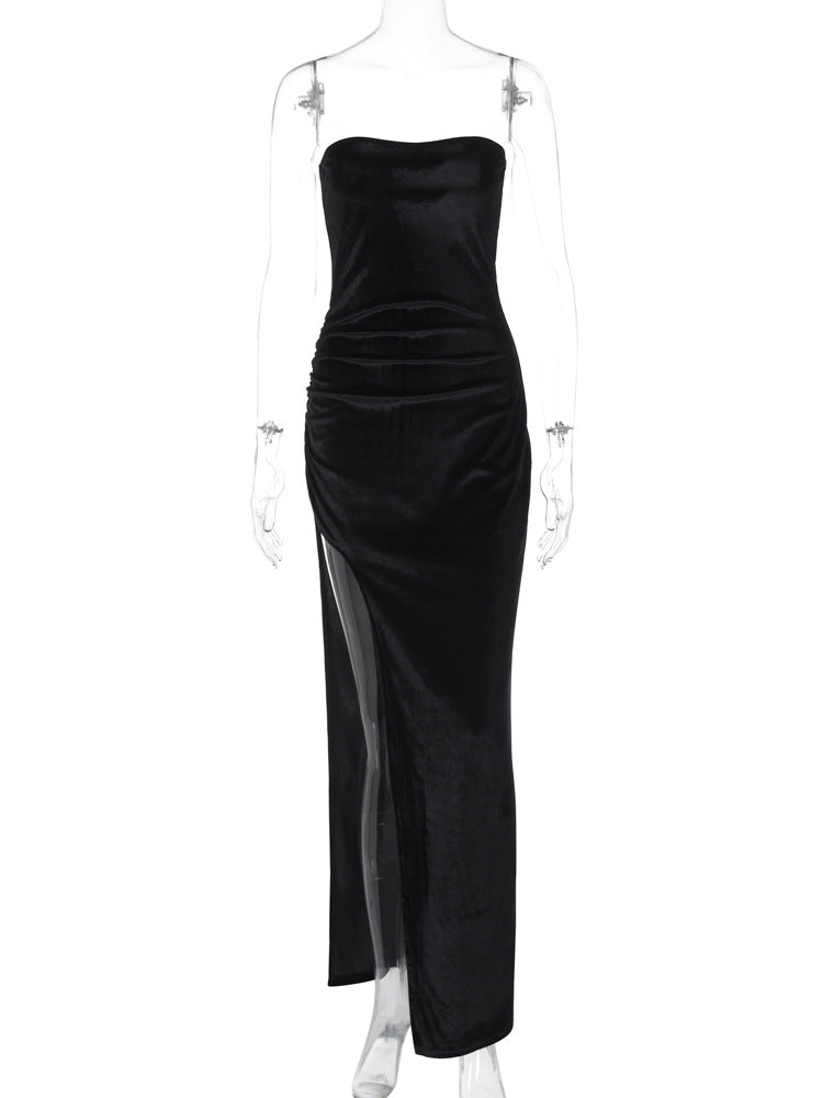 Women Clothing Winter Sexy Slit Slim Pleated Tube Top Dress