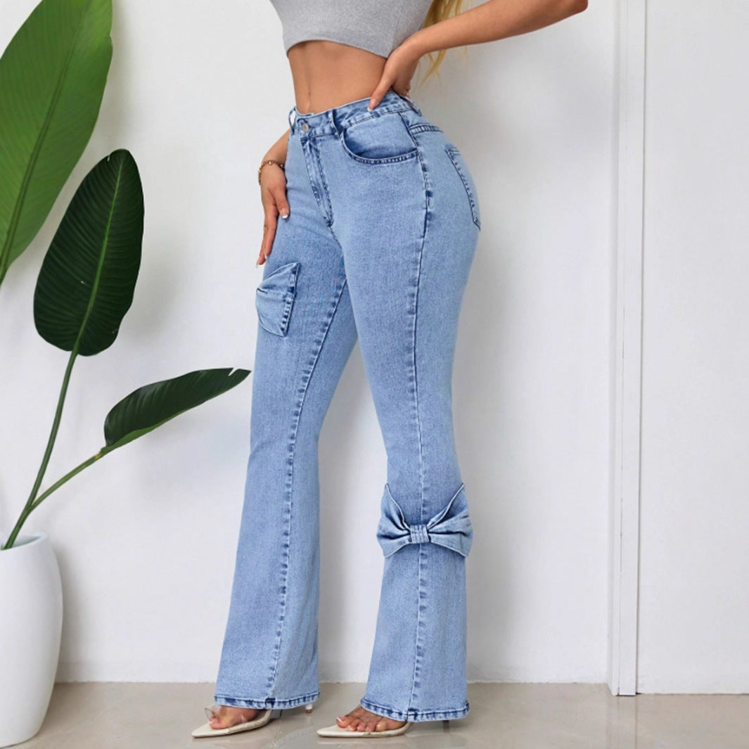 Women Clothing Washed High Waist Bootcut Trousers Denim Trousers