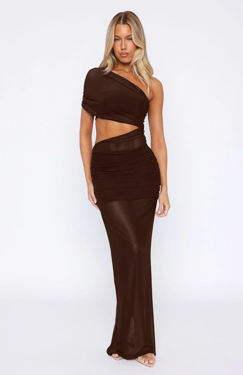 Women Clothing Summer Sexy off Shoulder Gauze Hollow Out Cutout Slim Fit Pleated See through Dress