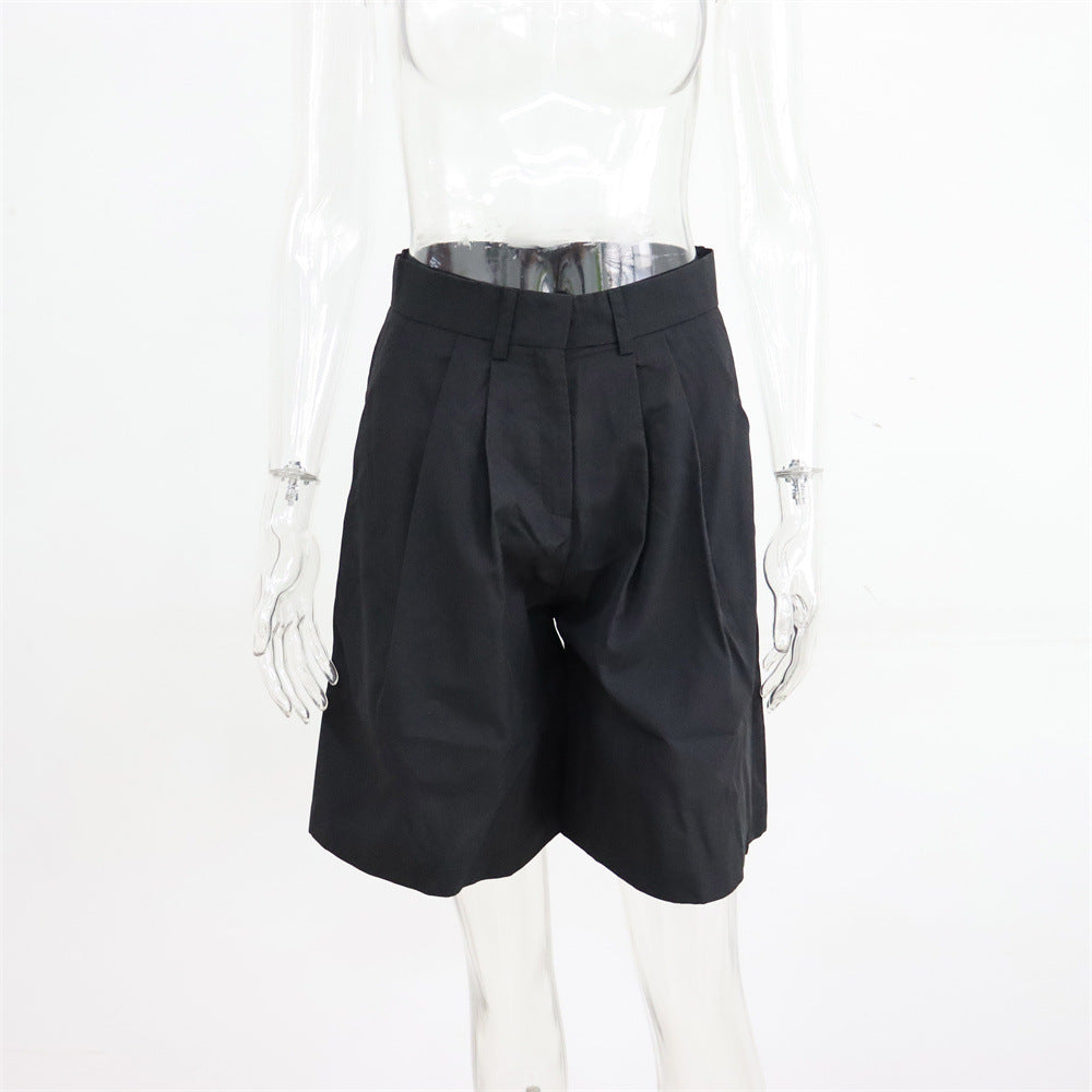 Summer Shorts Women Flanging Pocket Zipper Hidden Hook Solid Color Casual Pants Straight Blazer Shorts