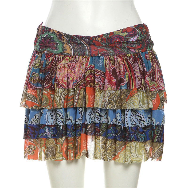 Summer Women Clothing Sexy Cake Skirt High Waist Retro Printed Skirt