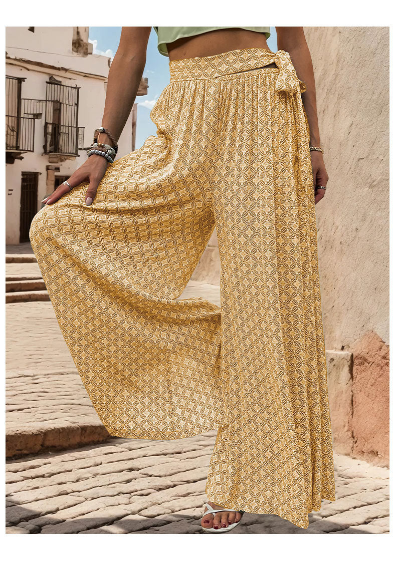 Summer Loose Wide Leg Pants Women Clothing Tied High Waist Casual Printed Trousers