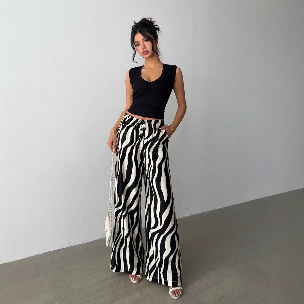 Straight Pants Sexy Zebra Print Bootcut Pants Low Waist Drawstring Casual Pants