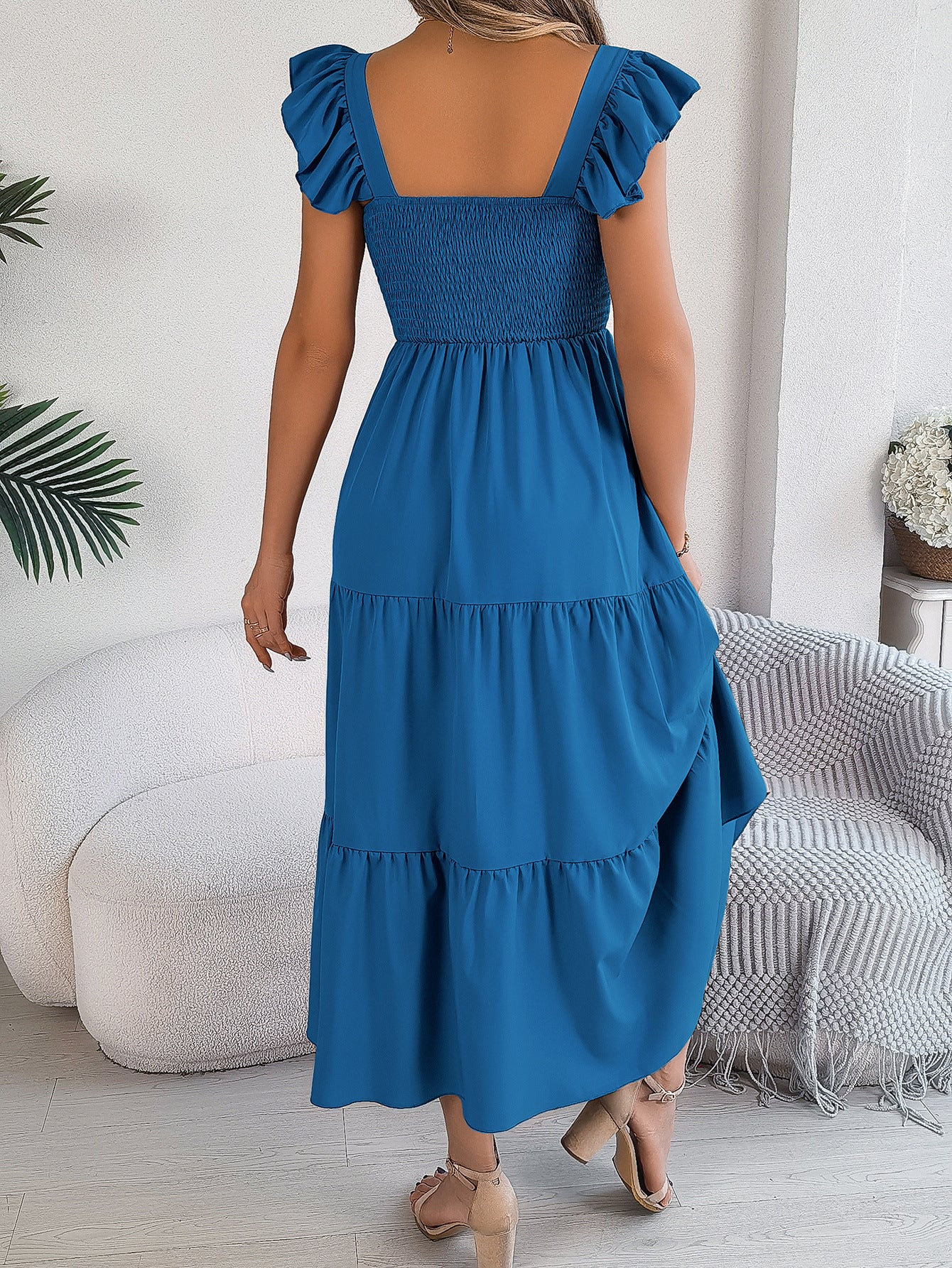 Summer Solid Color Square Collar Wooden Ear Waist A line Dress Women Clothing