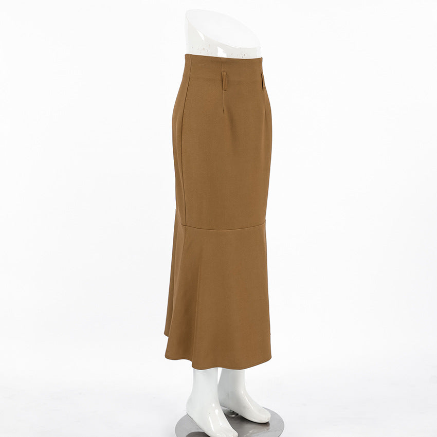 Brown Slim High Waist Fishtail Skirt Autumn Fashionable Elegant High Grade Women Dress No Belt