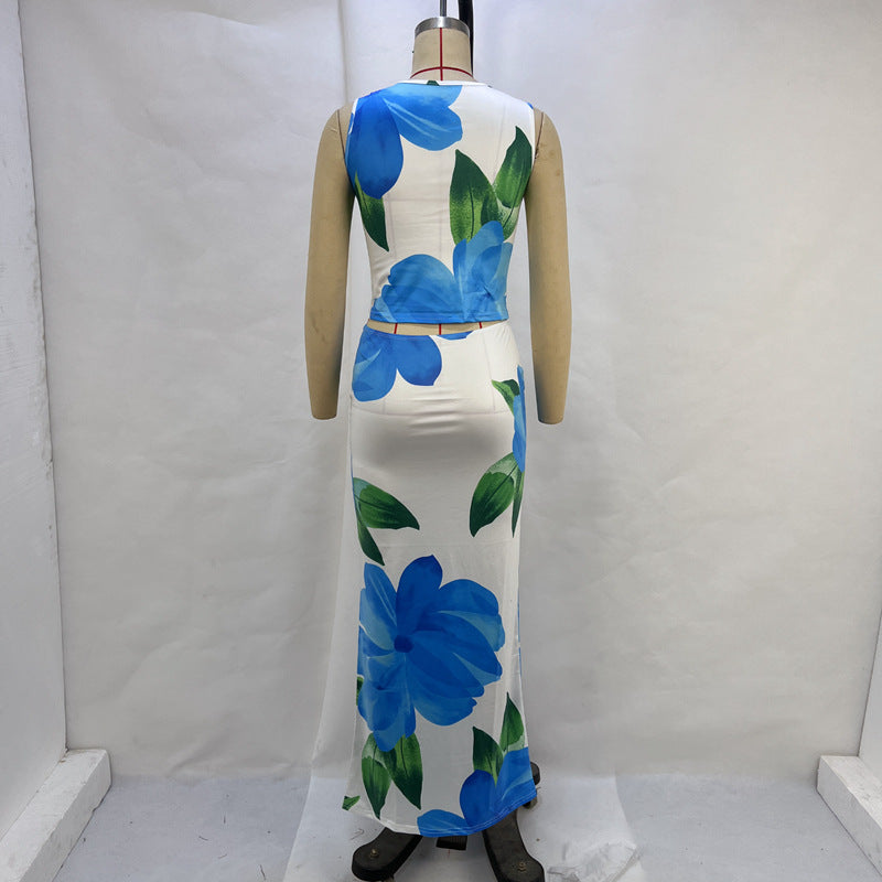 Summer Casual Printed Cropped Tank Top Sheath Slim Fit Skirt Set Women