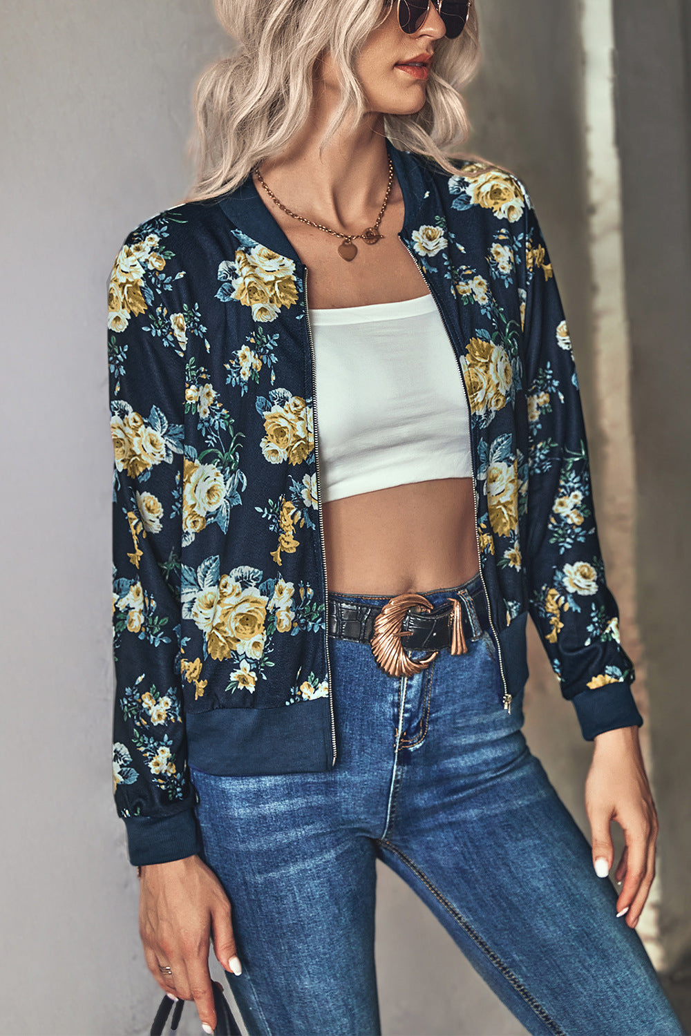 Autumn Winter Women Clothing Printing Thread Collar Zip Long Sleeve Coat